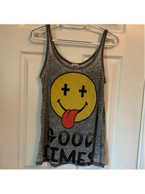 🔒 5 items for $10 - Grey happy face tank top small “good times”